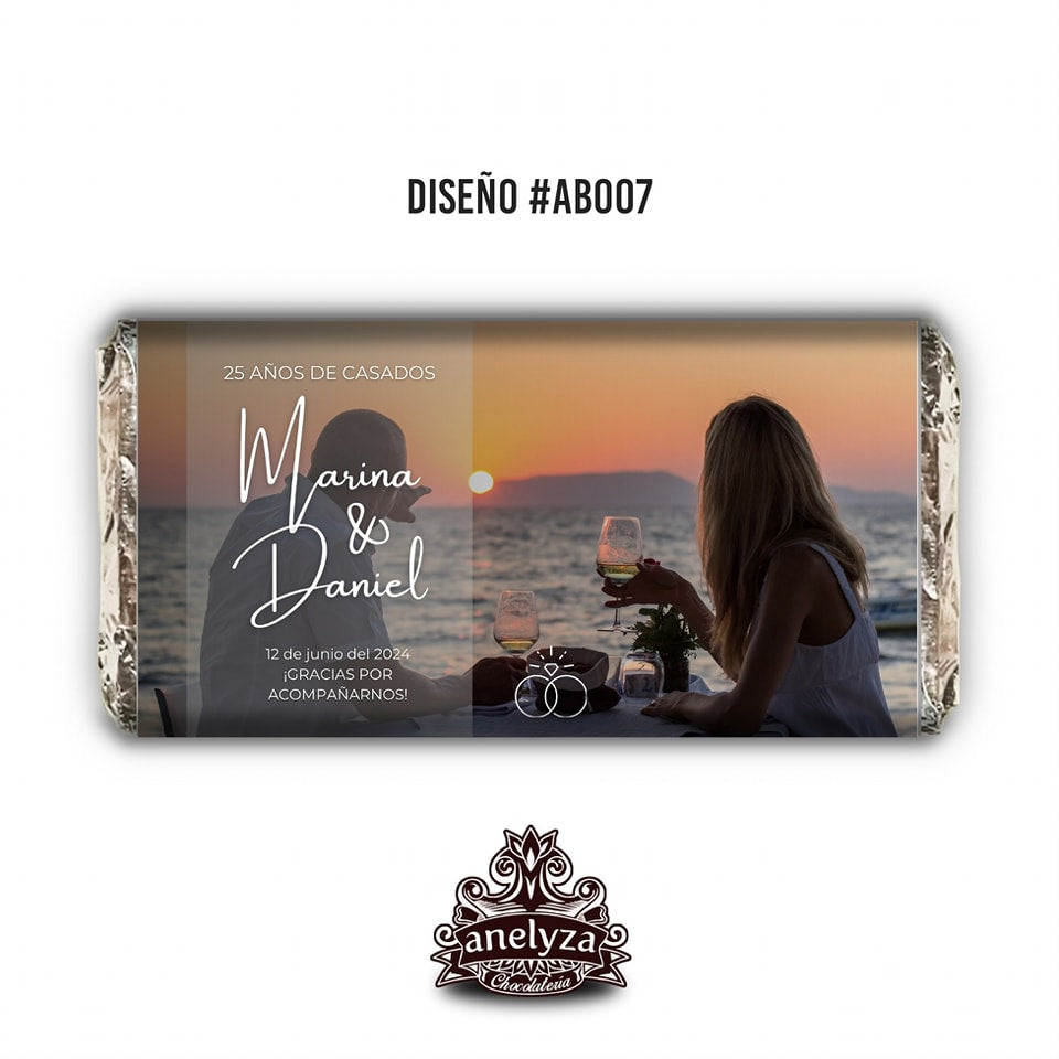 BARRAS DE CHOCOLATE PERSONALIZADAS DISEÑO #AB007 ANIVERSARIO DE BODAS CON FOTO