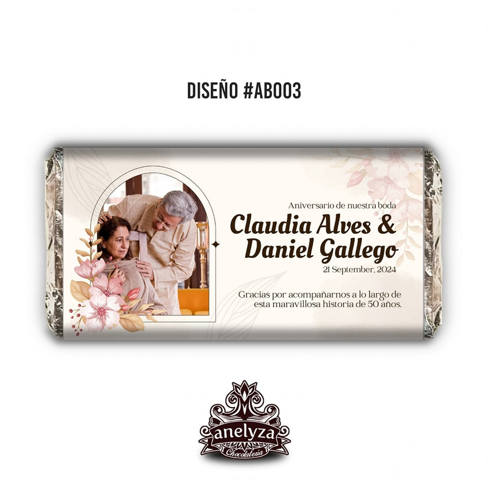BARRAS DE CHOCOLATE PERSONALIZADAS DISEÑO #AB003 ANIVERSARIO DE BODAS CON FOTO
