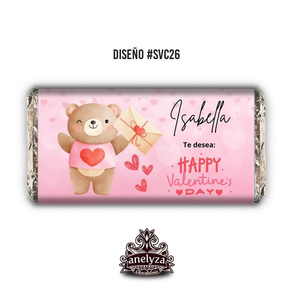 BARRAS DE CHOCOLATE PERSONALIZADAS DISEÑO #SVC26 SAN VALENTIN OSITO DIA DEL AMOR Y LA AMISTAD