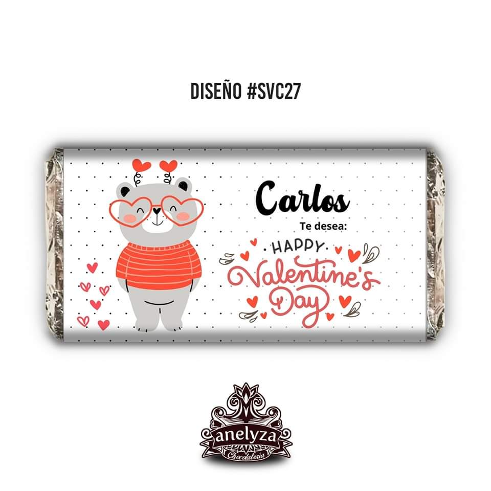 BARRAS DE CHOCOLATE PERSONALIZADAS DISEÑO #SVC27 SAN VALENTIN OSITO DIA DEL AMOR Y LA AMISTAD