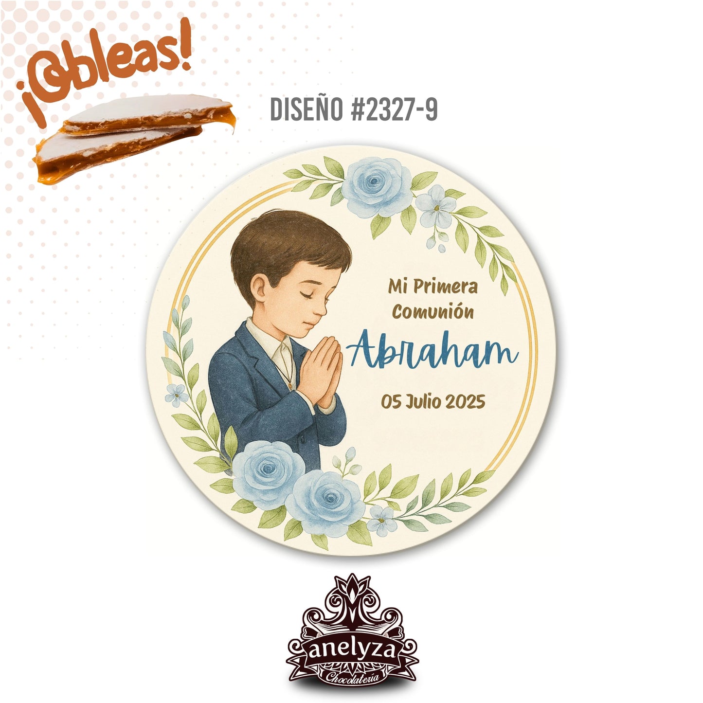 OBLEAS RELLENAS PERSONALIZADAS DISEÑO #2327-9 NIÑO AZUL PRIMERA COMUNIÓN