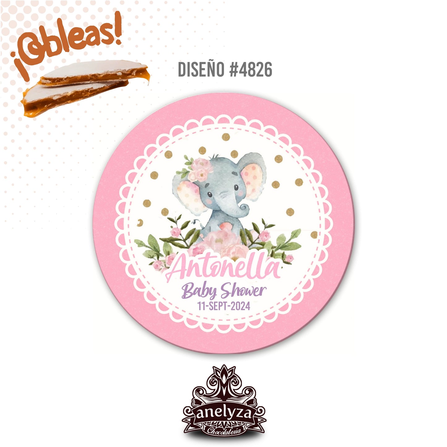 OBLEAS RELLENAS PERSONALIZADAS DISEÑO #4826 ELEFANTITA BABY SHOWER / NACIMIENTO