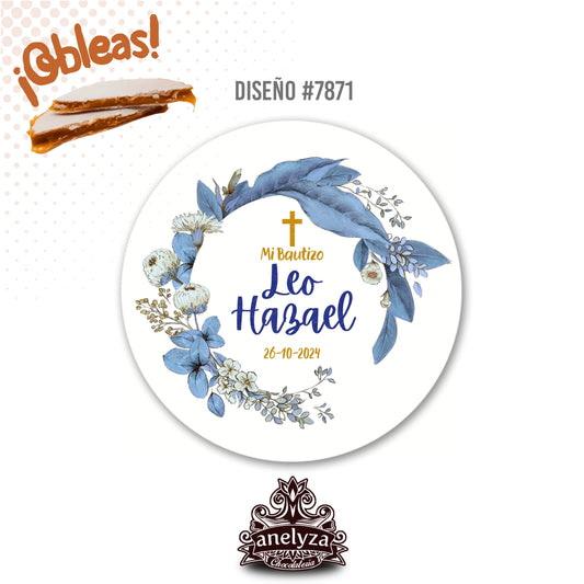 OBLEAS RELLENAS PERSONALIZADAS DISEÑO #7871 BAUTIZO HOJAS AZULES
