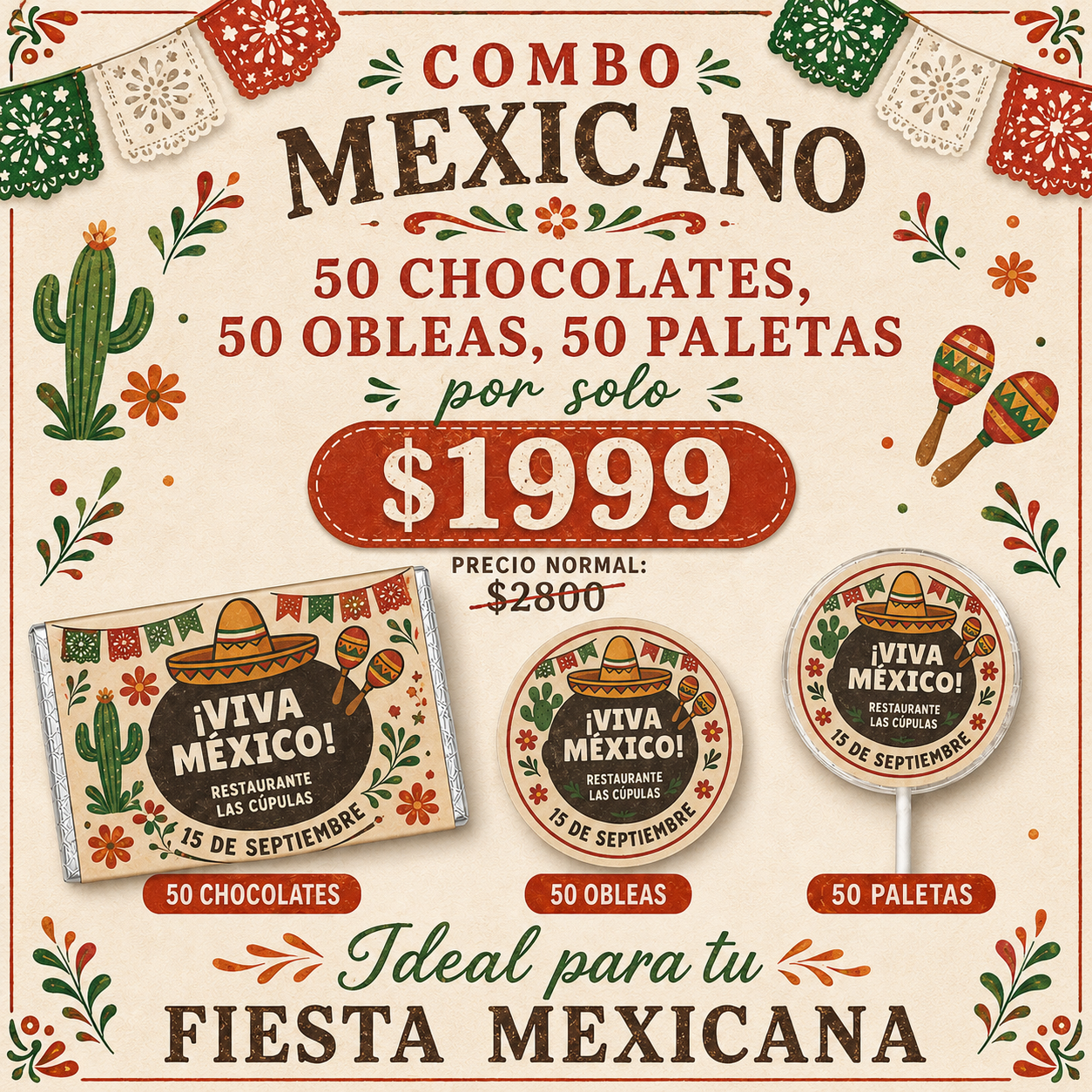 ¡COMBO MEXICANO! Contiene 50 chocolates 8x4 cms, 50 0bleas rellenas de cajeta y 50 paletas.