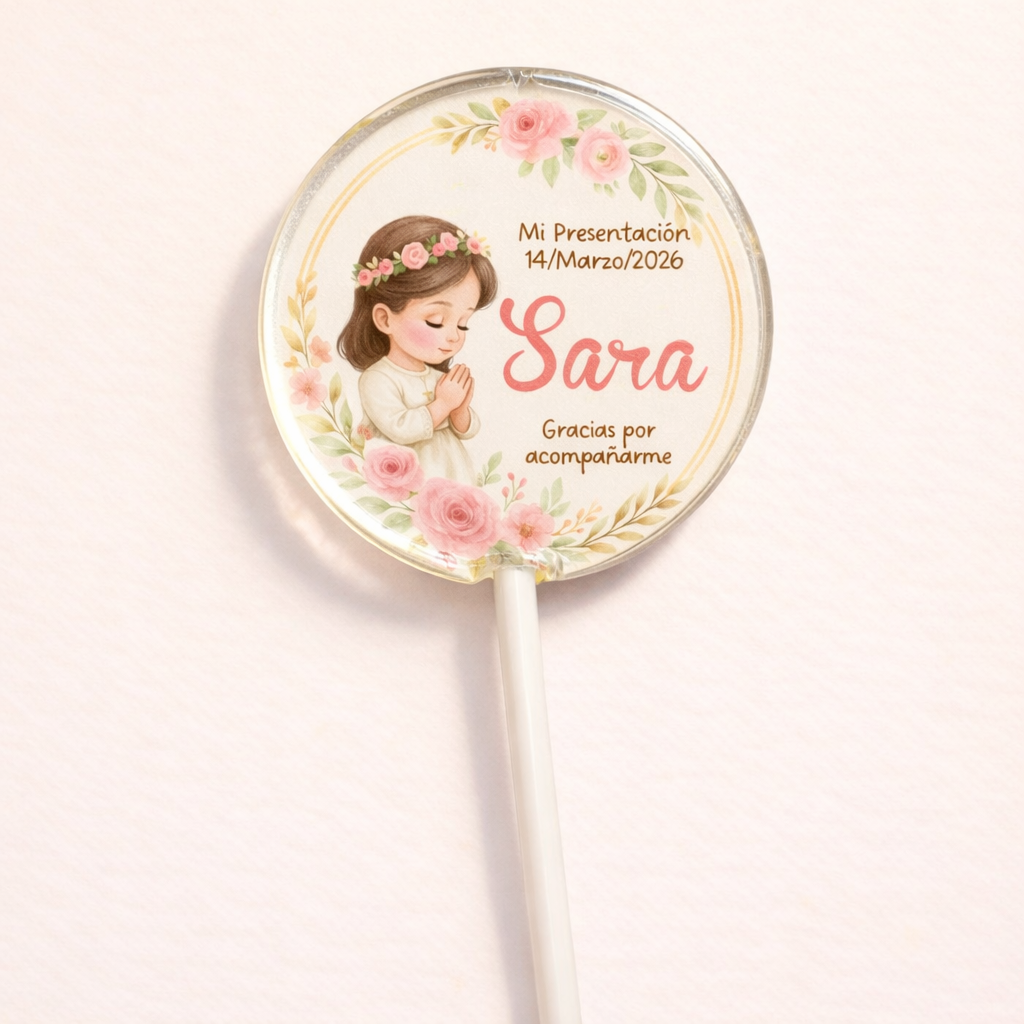 PALETAS DE CARAMELO PERSONALIZADAS DISEÑO #6202-2 PRESENTACIÓN DE 3 AÑOS