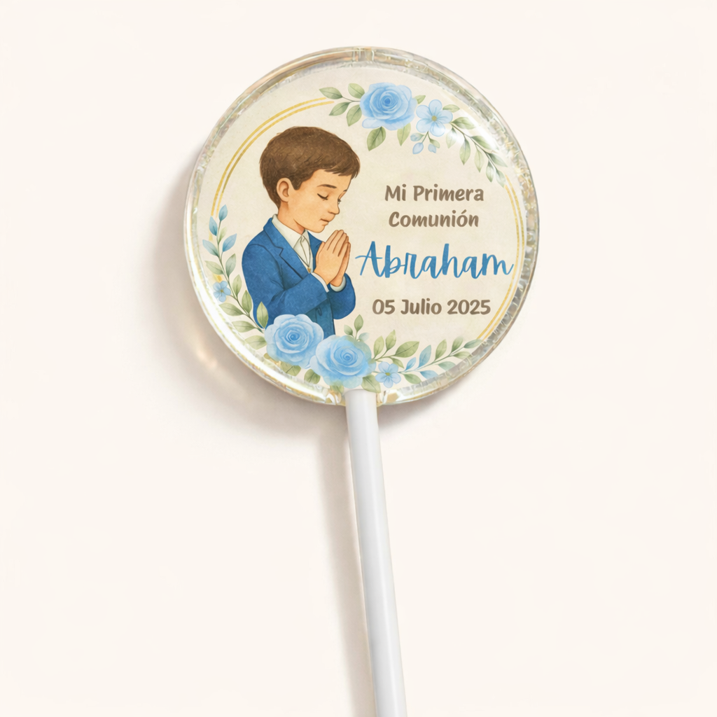PALETAS DE CARAMELO PERSONALIZADAS DISEÑO #2327-9 NIÑO AZUL PRIMERA COMUNIÓN