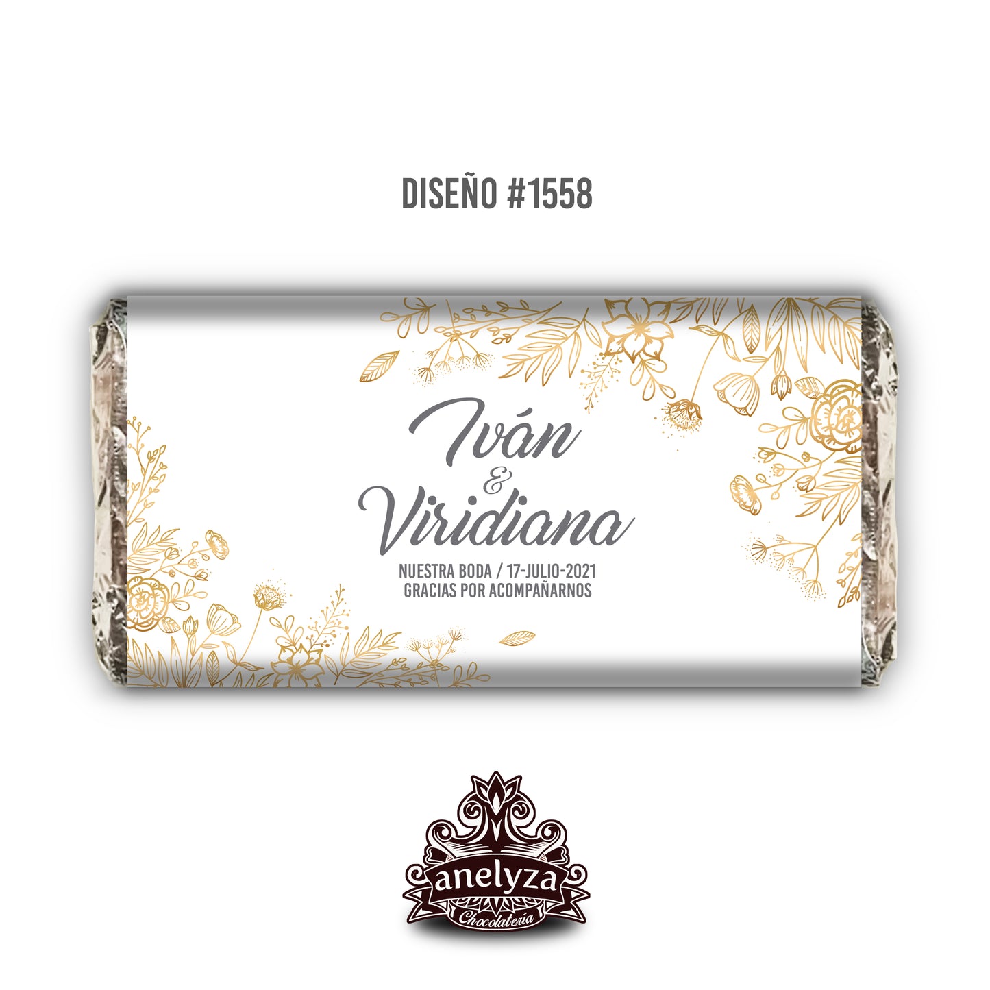 BARRAS DE CHOCOLATE PERSONALIZADAS DISEÑO #1558 FLORES CON DORADO BODAS