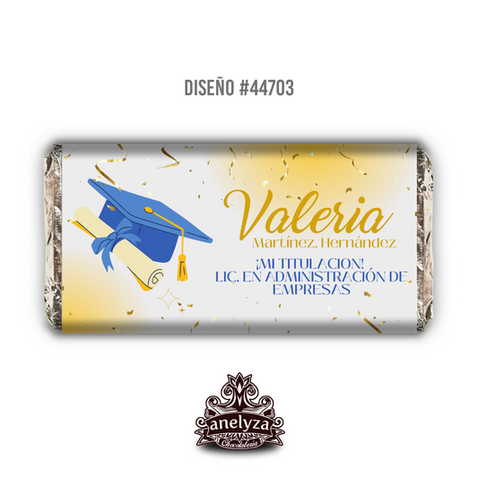 BARRAS DE CHOCOLATE PERSONALIZADAS DISEÑO #44703 GRADUACION COLOR DORADO Y AZUL