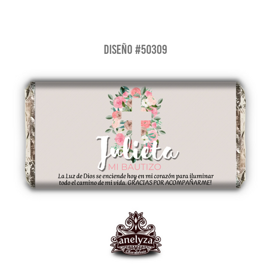 BARRAS DE CHOCOLATE PERSONALIZADAS DISEÑO #50309 CRUZ CON ROSAS BAUTIZO / PRIMERA COMUNION