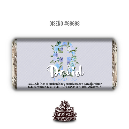 BARRAS DE CHOCOLATE PERSONALIZADAS DISEÑO #68698 CRUZ CON ROSAS AZULES BAUTIZO / PRIMERA COMUNION