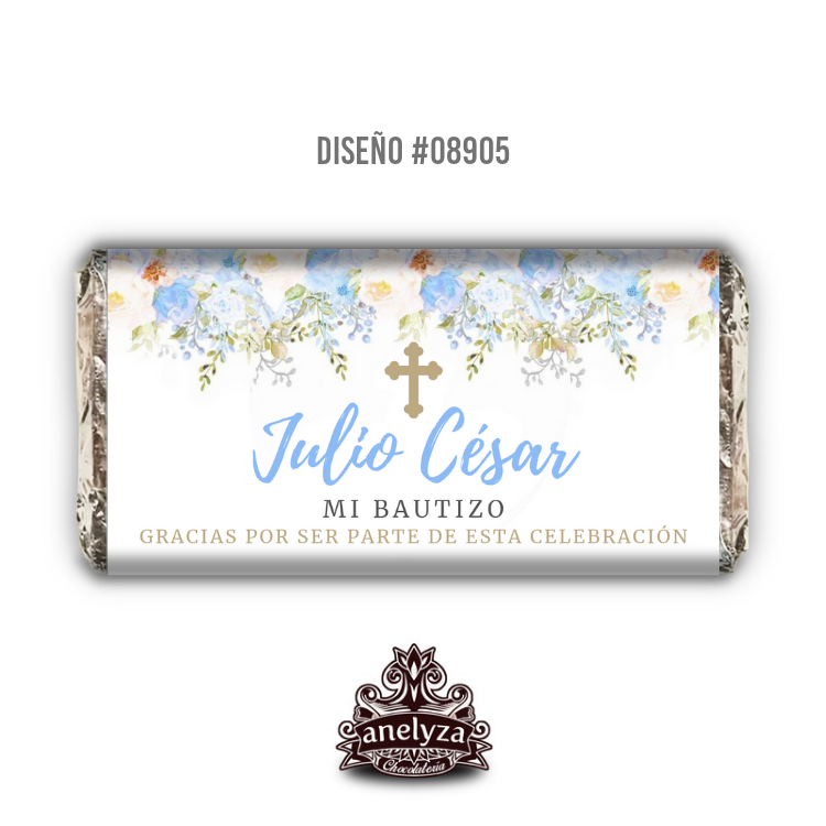 BARRA DE CHOCOLATE PERSONALIZADA DISEÑO #08905 FLORES AZULES BAUTIZO/PRIMERA COMUNIÓN