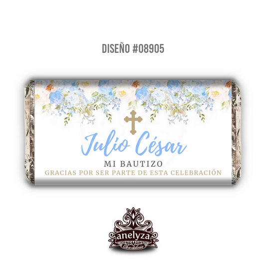 BARRA DE CHOCOLATE PERSONALIZADA DISEÑO #08905 FLORES AZULES BAUTIZO/PRIMERA COMUNIÓN