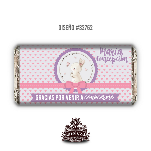 BARRAS DE CHOCOLATE PERSONALIZADAS DISEÑO #32762 CONEJITA NACIMIENTO/BABY SHOWER