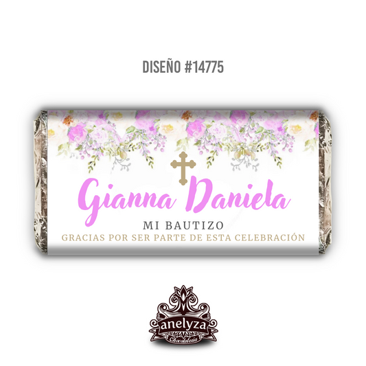 BARRAS DE CHOCOLATE PERSONALIZADAS DISEÑO #14775 FLORES ROSAS BAUTIZO/PRIMERA COMUNIÓN