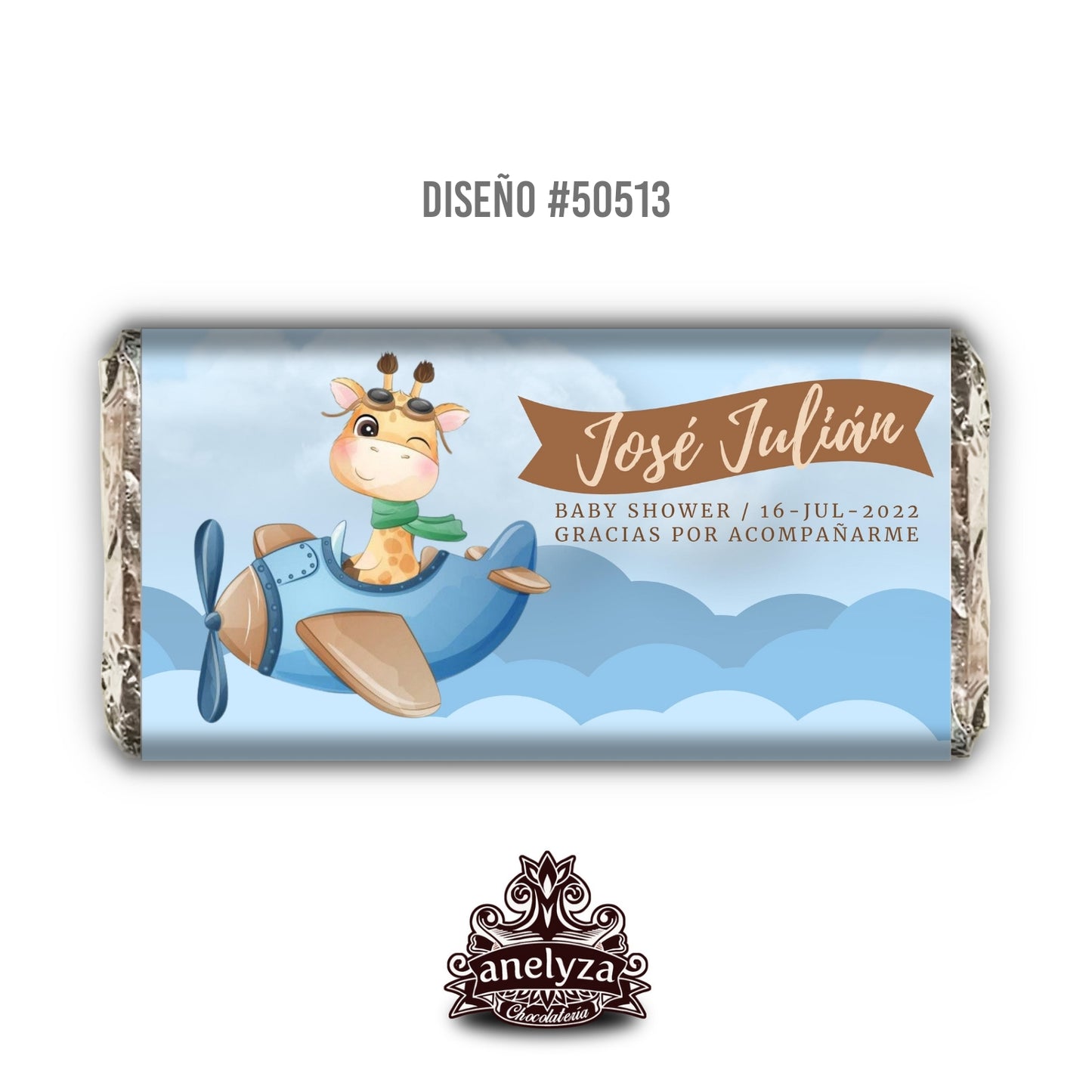 BARRAS DE CHOCOLATE PERSONALIZADAS DISEÑO #50513 JIRAFA NACIMIENTO/BABY SHOWER