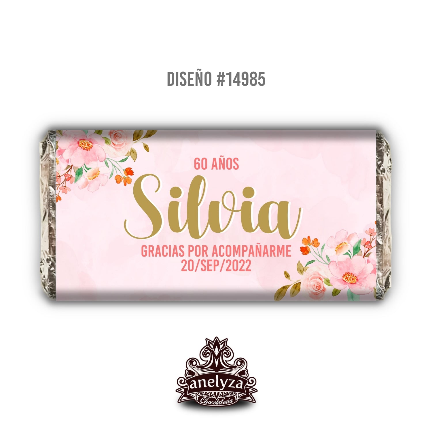 20 BARRAS DE CHOCOLATE PERSONALIZADAS DISEÑO #14985 FLORES FONDO ROSA