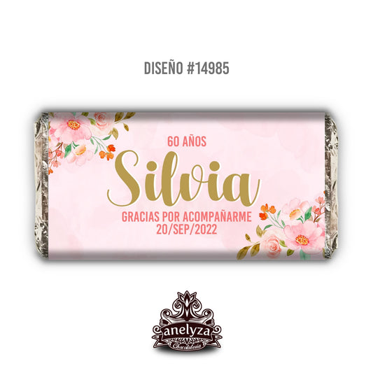 BARRAS DE CHOCOLATE PERSONALIZADAS DISEÑO #14985 FLORES FONDO ROSA CUMPLEAÑOS MUJER