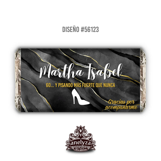 BARRAS DE CHOCOLATE PERSONALIZADAS DISEÑO #56123 NEGRO CON DORADO TACON CUMPLEAÑOS MUJER