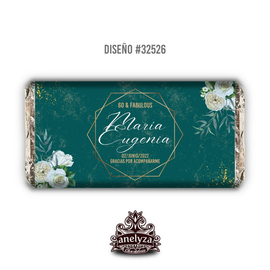 BARRAS DE CHOCOLATE PERSONALIZADAS DISEÑO #32526 VERDE ESMERALDA CON FLORES CUMPLEAÑOS MUJER