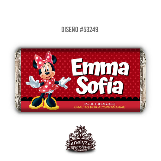 BARRAS DE CHOCOLATE PERSONALIZADAS DISEÑO #53249 MINNIE MOUSE ROJA FIESTAS INFANTILES