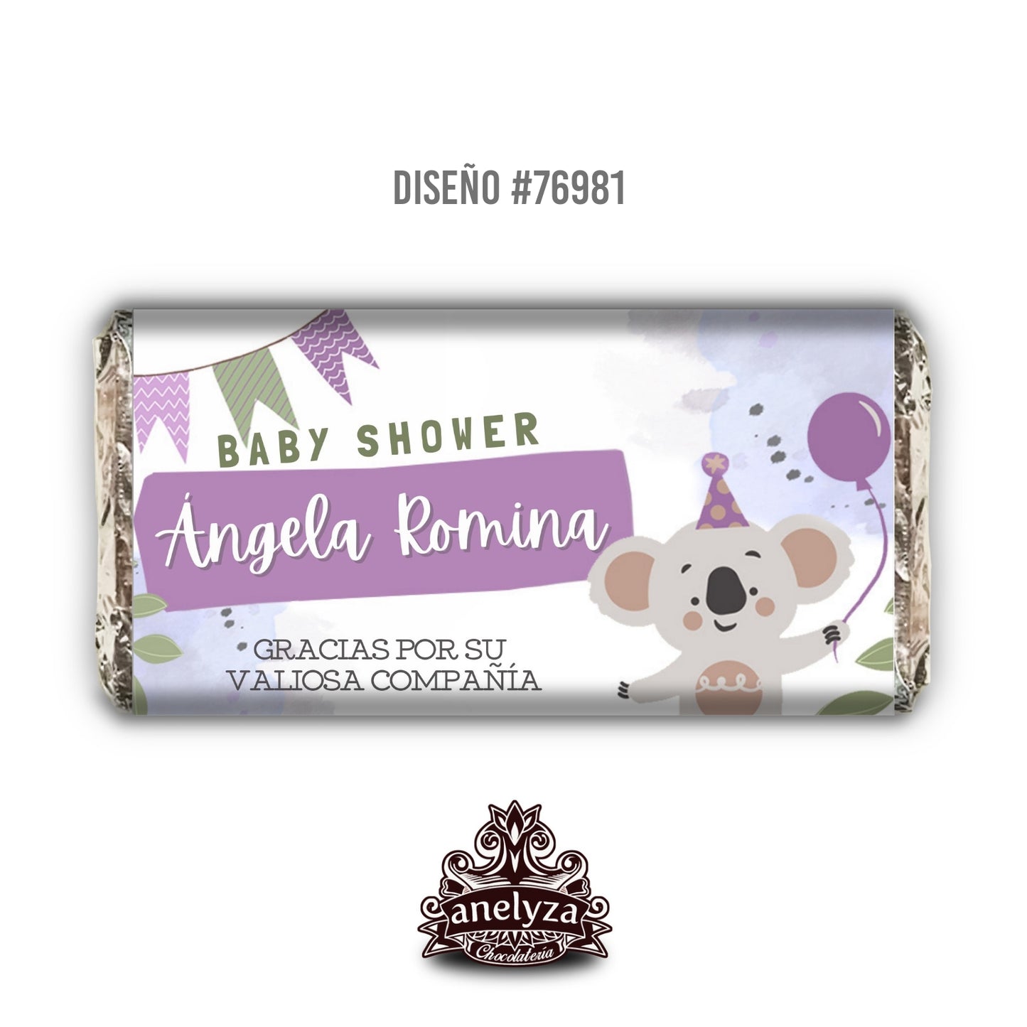 BARRAS DE CHOCOLATE PERSONALIZADAS DISEÑO #76981 KOALA NACIMIENTO/BABY SHOWER