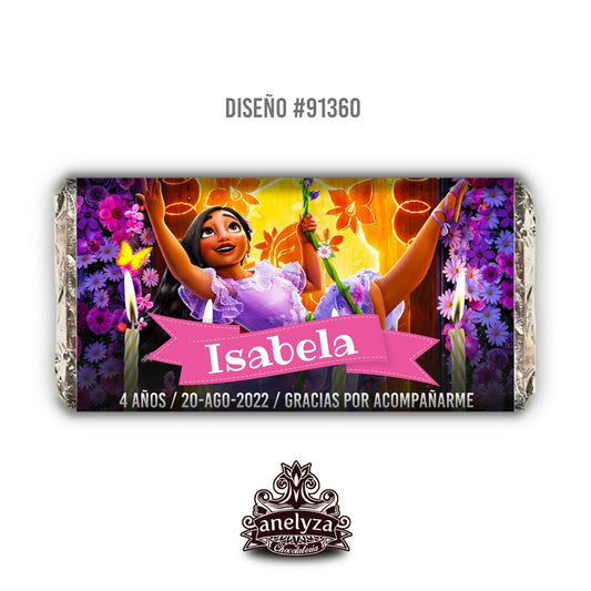BARRAS DE CHOCOLATE PERSONALIZADAS DISEÑO #91360 ISABELA ENCANTO FIESTAS INFANTILES