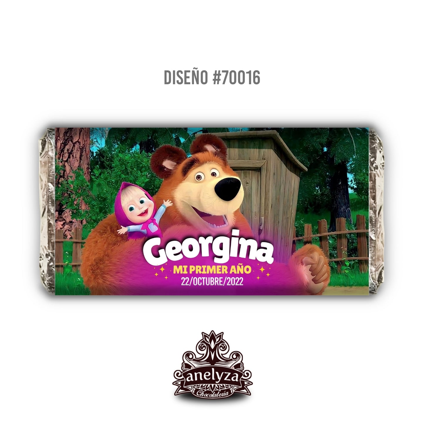 BARRAS DE CHOCOLATE PERSONALIZADAS DISEÑO #70016 MASHA Y EL OSO FIESTAS INFANTILES