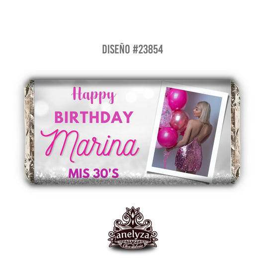 BARRAS DE CHOCOLATE PERSONALIZADAS DISEÑO #23854 CUMPLEAÑOS DE MUJER CON FOTO PLATA CON ROSA