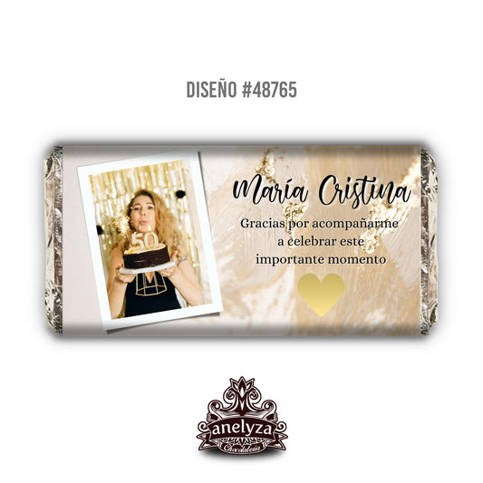 BARRAS DE CHOCOLATE PERSONALIZADAS DISEÑO #48765 CUMPLEAÑOS DE MUJER CORAZON DORADO