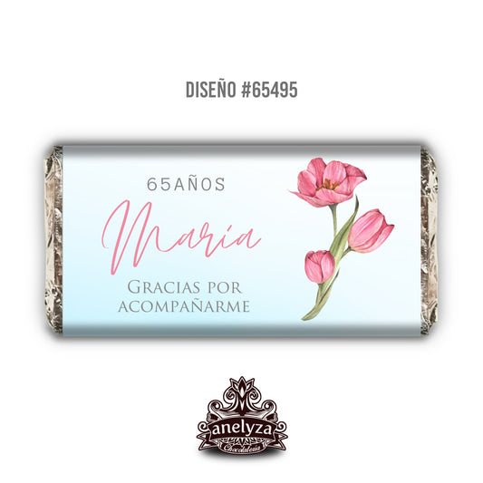 BARRAS DE CHOCOLATE PERSONALIZADAS DISEÑO #65495 CUMPLEAÑOS DE MUJER/FLORES ROSAS