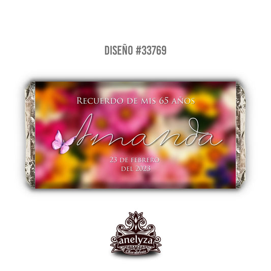 BARRAS DE CHOCOLATE PERSONALIZADAS DISEÑO #33769 CUMPLEAÑOS DE MUJER FLORAL MARIPOSA