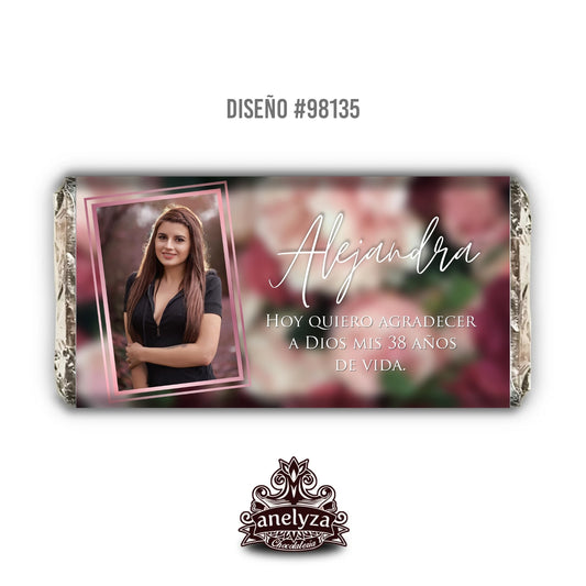 BARRAS DE CHOCOLATE PERSONALIZADAS DISEÑO #98135 CUMPLEAÑOS DE MUJER FLORAL MARCO ROSA