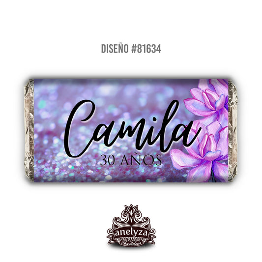 BARRAS DE CHOCOLATE PERSONALIZADAS DISEÑO #81634 CUMPLEAÑOS DE MUJER FLORES MORADAS