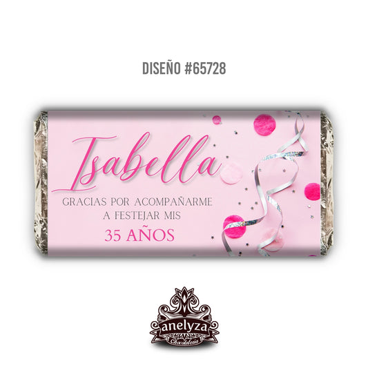BARRAS DE CHOCOLATE PERSONALIZADAS DISEÑO #65728 CUMPLEAÑOS DE MUJER CONFETTI