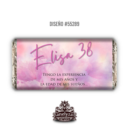 BARRAS DE CHOCOLATE PERSONALIZADAS DISEÑO #55289 CUMPLEAÑOS DE MUJER FONDO VIOLETAS