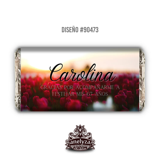 BARRAS DE CHOCOLATE PERSONALIZADAS DISEÑO #90473 CUMPLEAÑOS DE MUJER CAMPO DE FLORES ROJAS