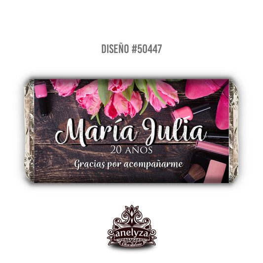BARRAS DE CHOCOLATE PERSONALIZADAS DISEÑO #50447 CUMPLEAÑOS DE MUJER MADERA Y FLORES