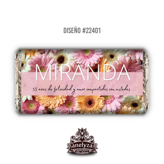 BARRAS DE CHOCOLATE PERSONALIZADAS DISEÑO #22401 CUMPLEAÑOS DE MUJER GERBERAS