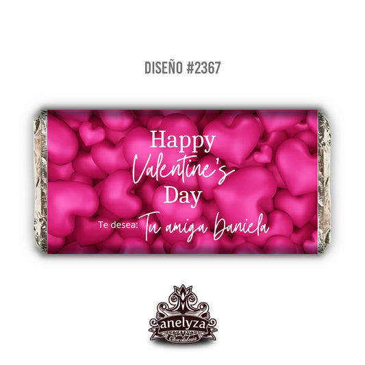 BARRAS DE CHOCOLATE PERSONALIZADAS DISEÑO #2367 SAN VALENTIN DIA DEL AMOR Y LA AMISTAD CORAZONES FUCSIA