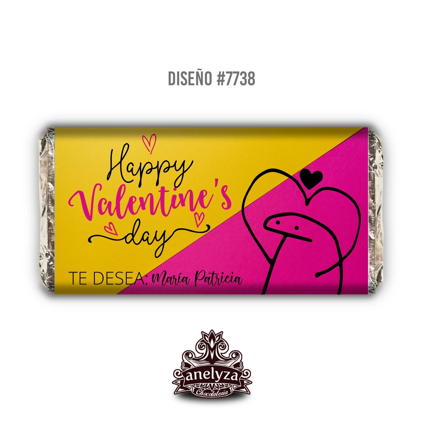 BARRAS DE CHOCOLATE PERSONALIZADAS DISEÑO #7738 SAN VALENTIN DIA DEL AMOR Y LA AMISTAD AMARILLO ROSA