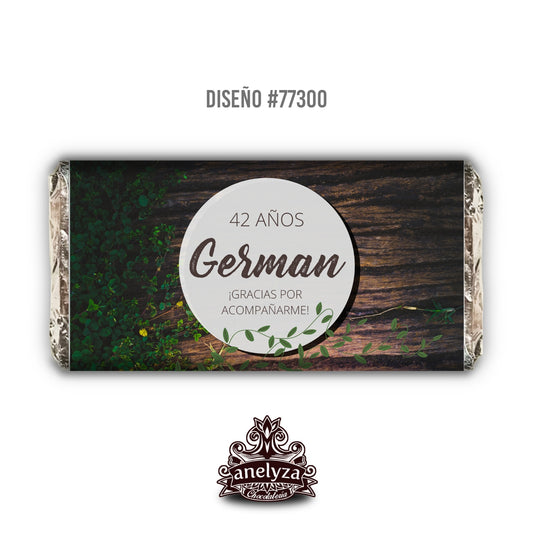 BARRAS DE CHOCOLATE PERSONALIZADAS DISEÑO #77300 CUMPLEAÑOS HOMBRE MADERA Y FOLLAJE