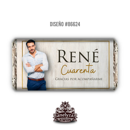 BARRAS DE CHOCOLATE PERSONALIZADAS DISEÑO #86624 CUMPLEAÑOS HOMBRE CON FOTO MARCO DORADO