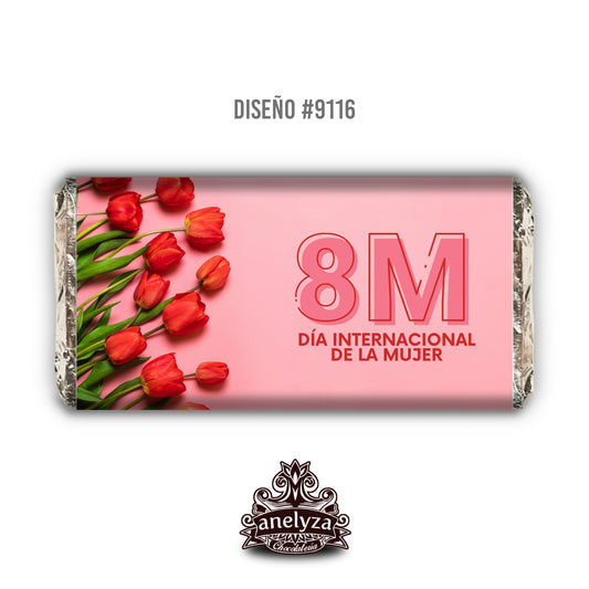 BARRAS DE CHOCOLATE PERSONALIZADAS DISEÑO #9116 DIA INTERNACIONAL DE LA MUJER TULIPANES ROJOS