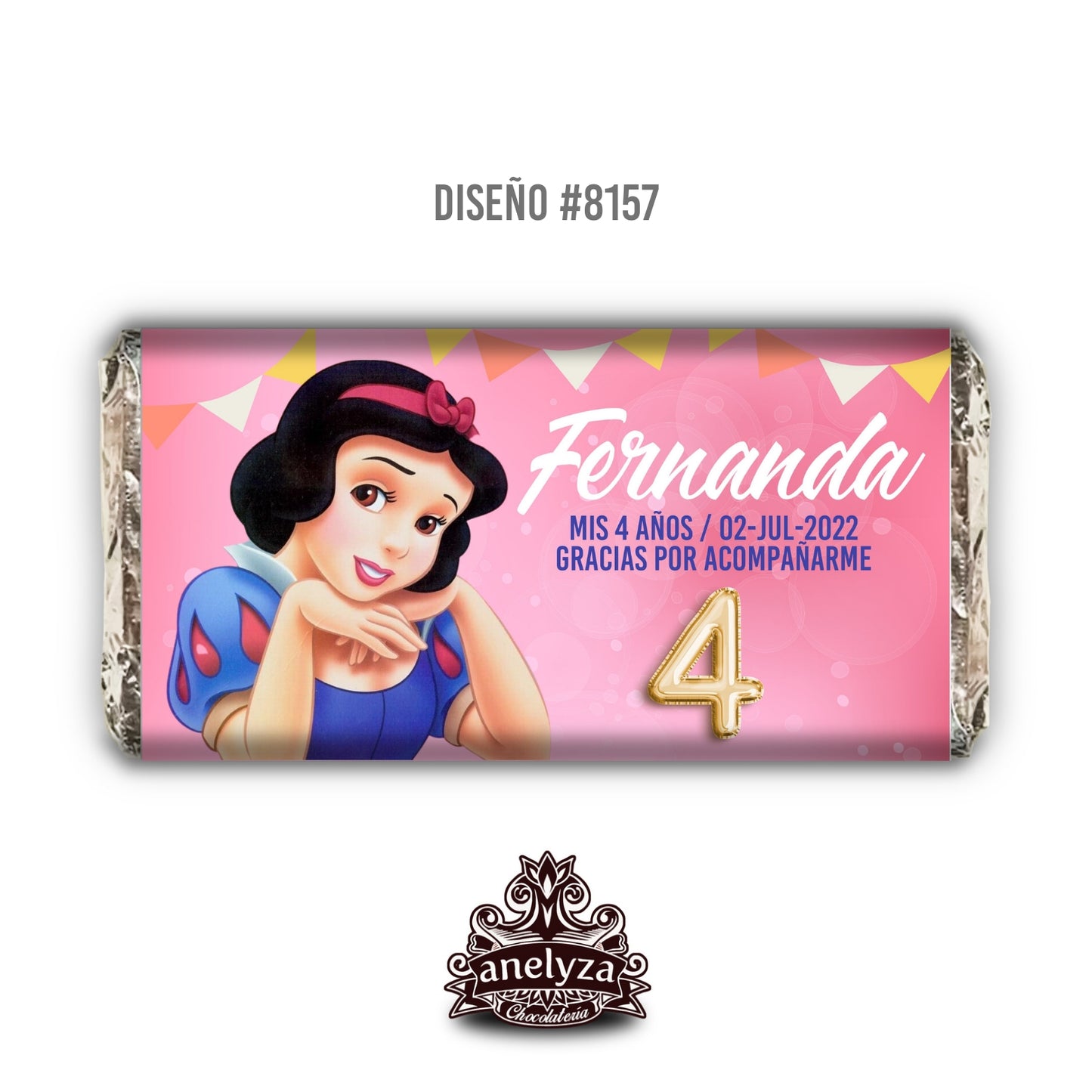 BARRAS DE CHOCOLATE PERSONALIZADAS DISEÑO #8157 BLANCA NIEVES FIESTAS INFANTILES