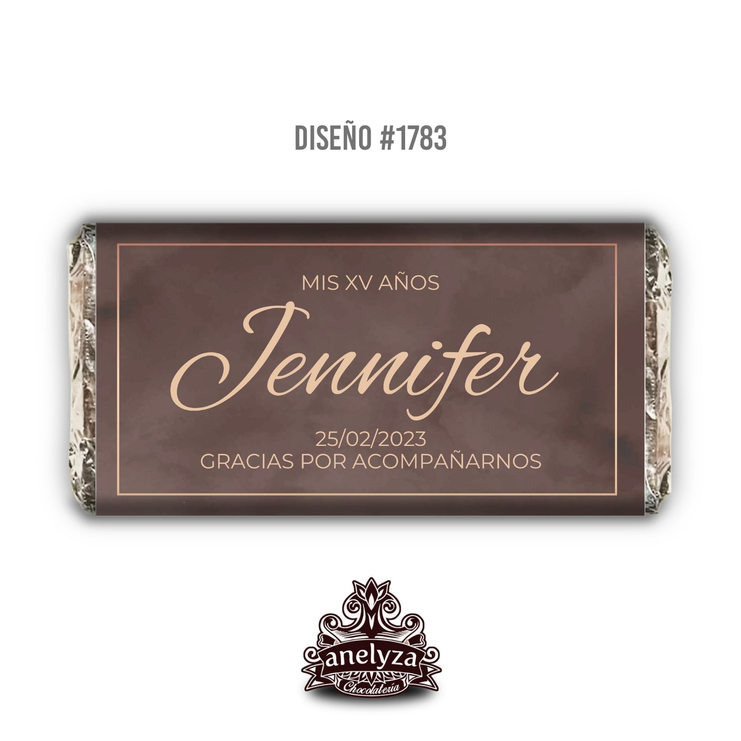 BARRAS DE CHOCOLATE PERSONALIZADAS DISEÑO #1783 FONDO CAFE DORADO XV AÑOS