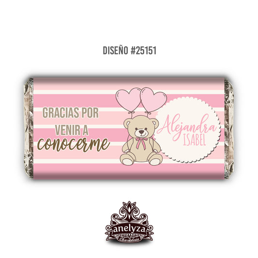 BARRAS DE CHOCOLATE PERSONALIZADAS DISEÑO #25151 OSITA NACIMIENTO/BABY SHOWER