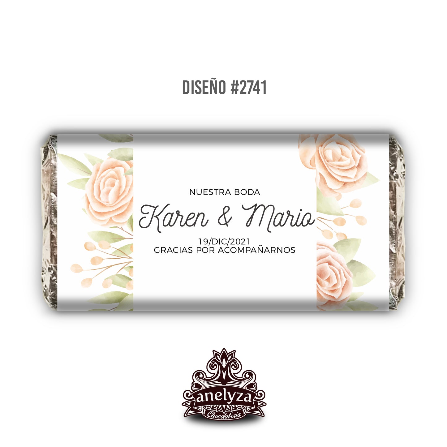 BARRAS DE CHOCOLATE PERSONALIZADAS DISEÑO #2741 ROSAS FONDO BLANCO BODAS