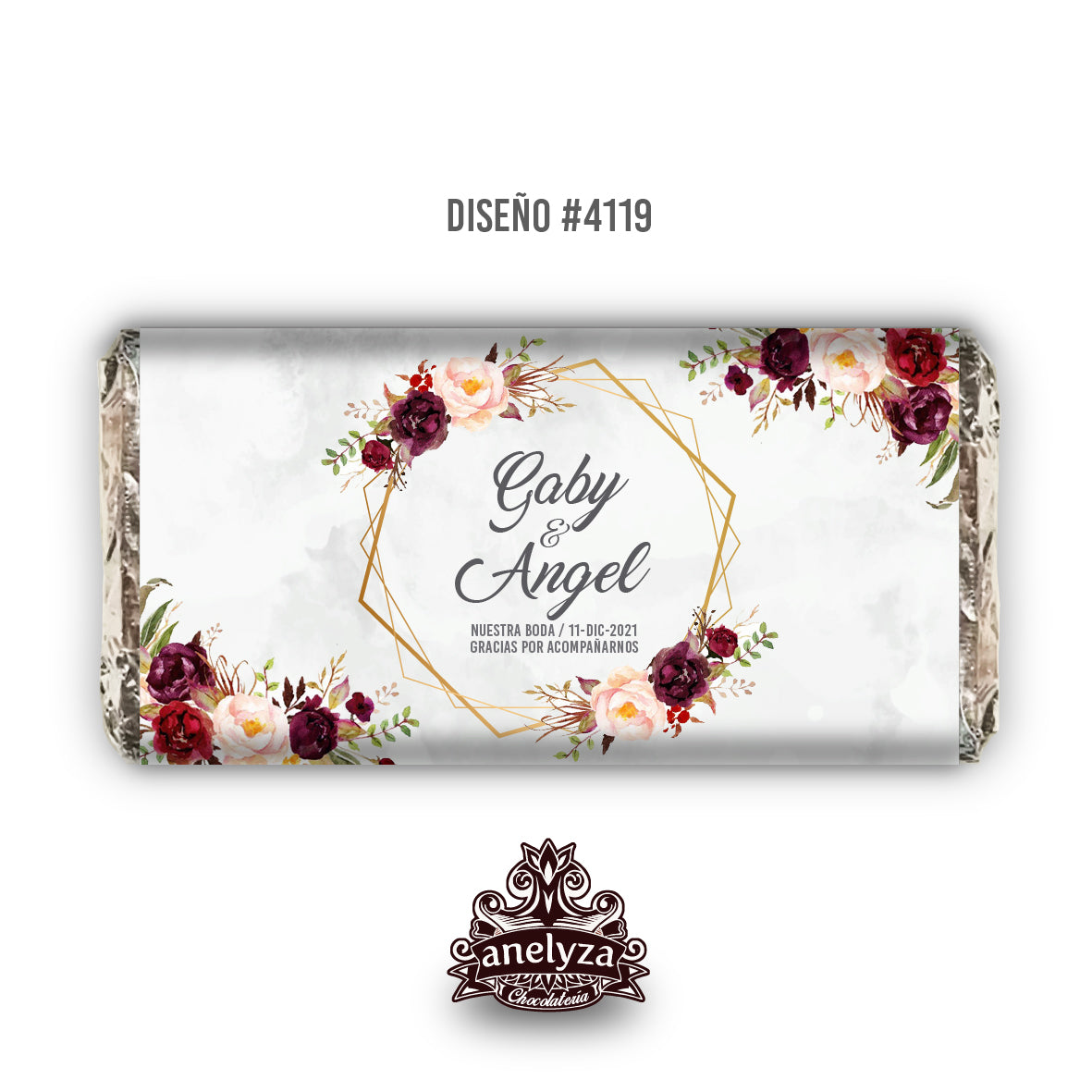 BARRAS DE CHOCOLATE PERSONALIZADAS DISEÑO #4119 FLORES COLOR VINO BODAS