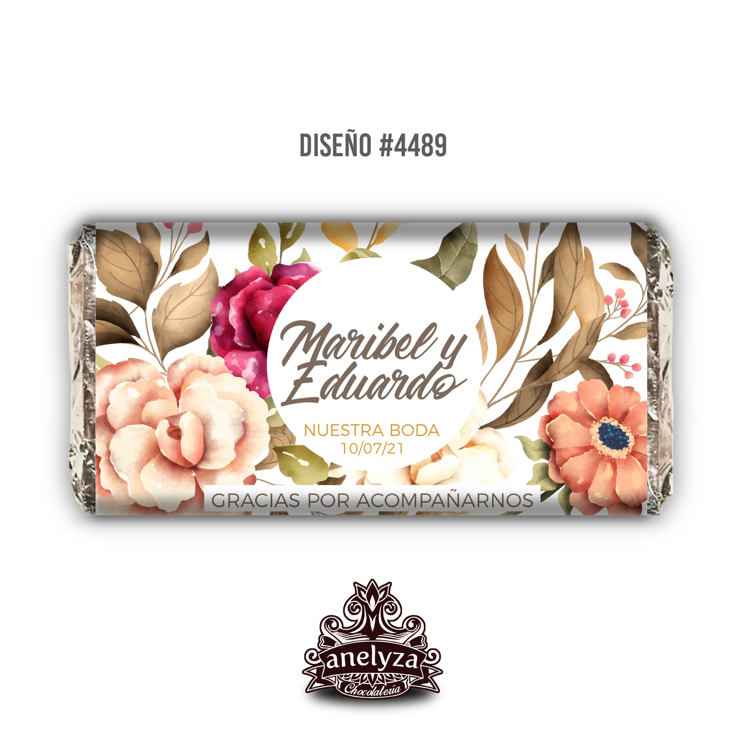 BARRAS DE CHOCOLATE PERSONALIZADAS DISEÑO #4489 FLORES OTOÑALES BODAS
