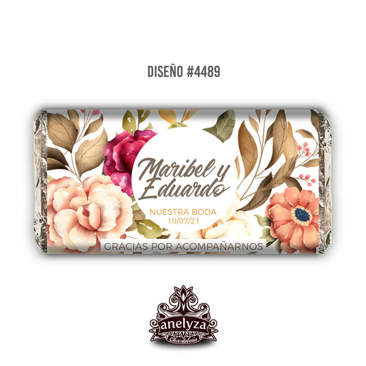 BARRAS DE CHOCOLATE PERSONALIZADAS DISEÑO #4489 FLORES OTOÑALES BODAS